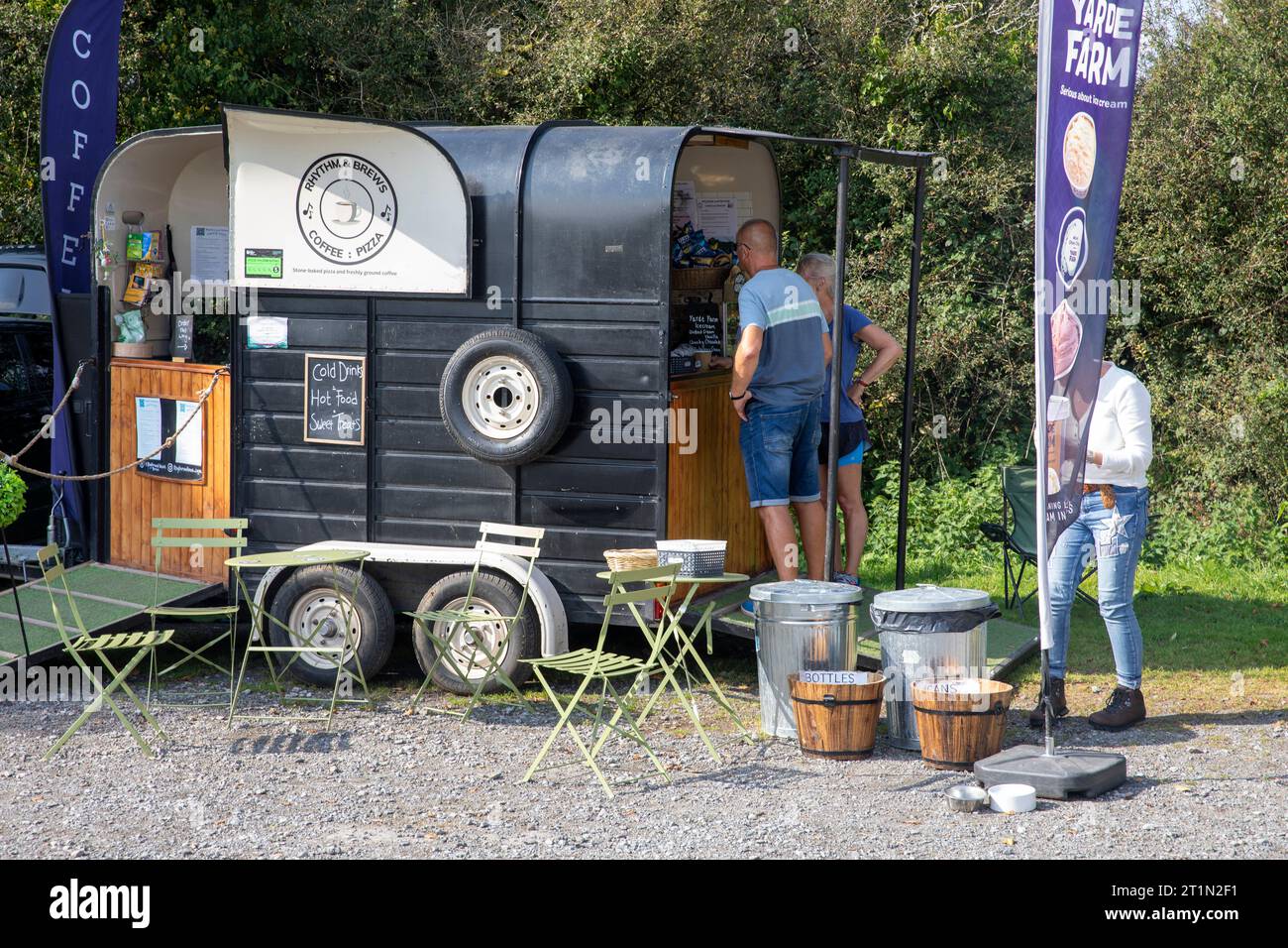 Hound Tor car park Dartmoor, people buying food and coffee from the