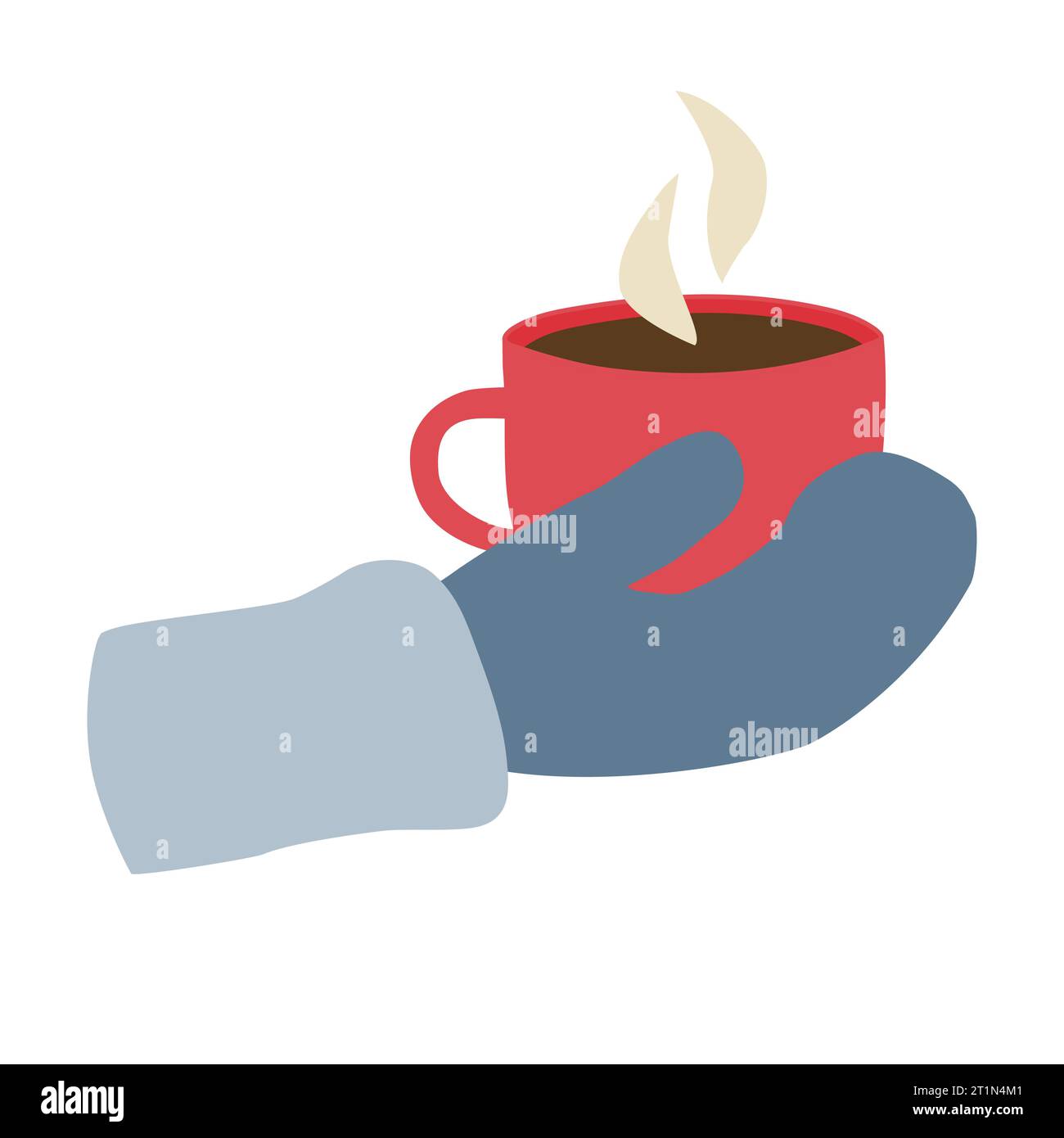 Hand in mitten holding a cup of coffee with steam, winter drinks outdoors, coffee time or coffee break concept, vector illustration Stock Vector