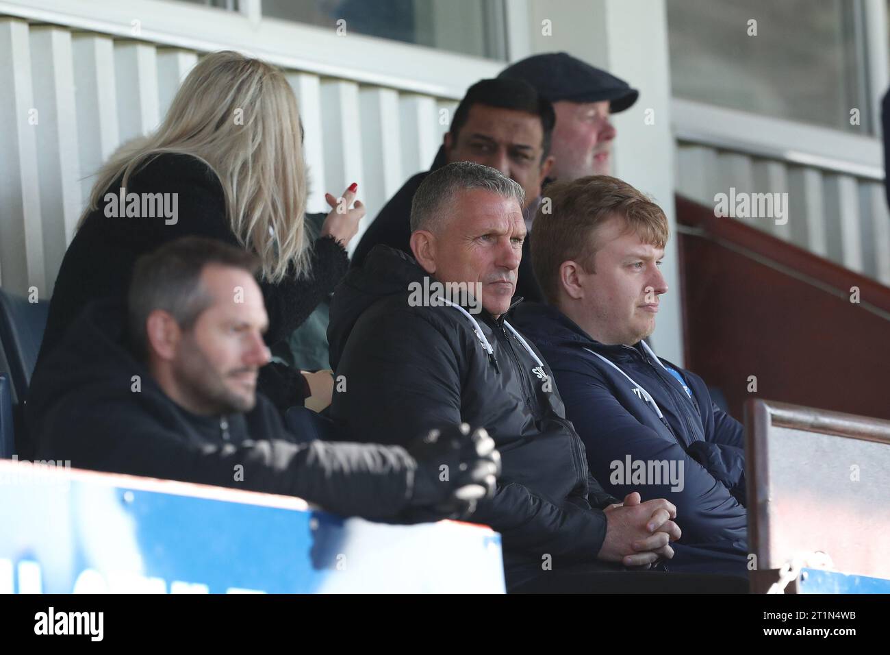Hartlepool United manager John Askey in the stands serving a touchline ban after receiving three yellow cards during the FA Cup Fourth Qualifying Round match between Hartlepool United and Chester at Victoria Park, Hartlepool on Saturday 14th October 2023. (Photo: Mark Fletcher | MI News) Credit: MI News & Sport /Alamy Live News Stock Photo