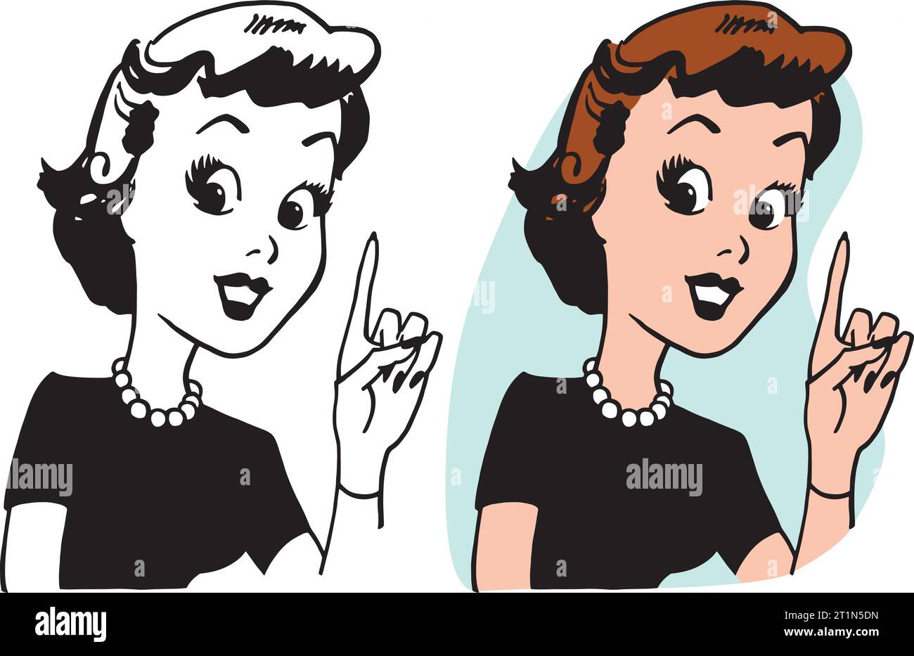 A vintage retro cartoon of a woman pointing up. Stock Vector