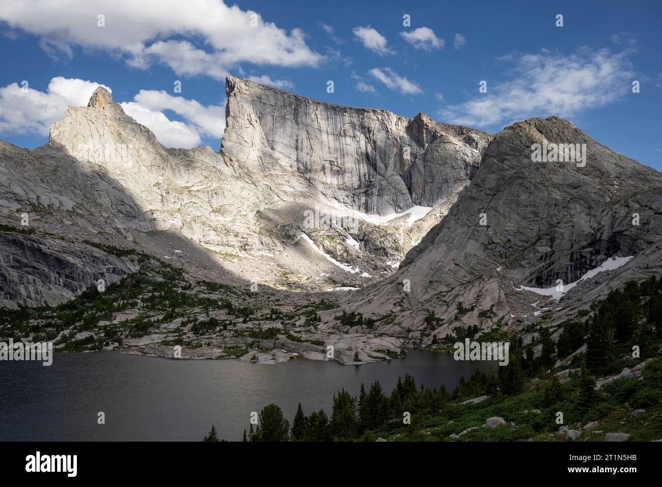 WY05455-00....WYOMING - East Temple Peak and Lost Temple Spire above Deep Lake, Bridger Wilderness, Bridger National Forest. Stock Photo