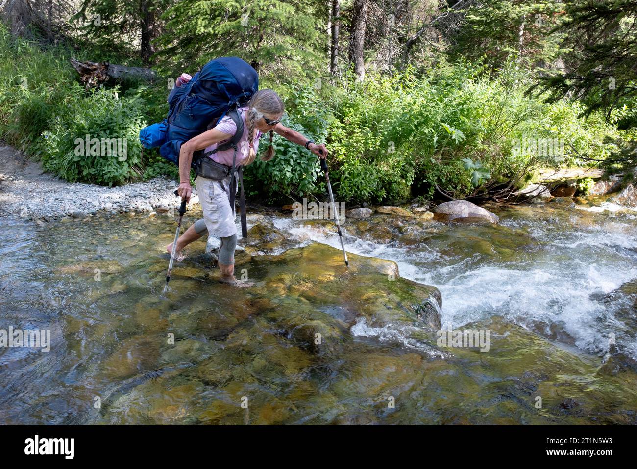 WY05483-00....WYOMING -  Woman backpacker crossing a creek along the Palmer Lake Trail in the Bridger Wilderness, Bridger National Forest. MR# S1 Stock Photo