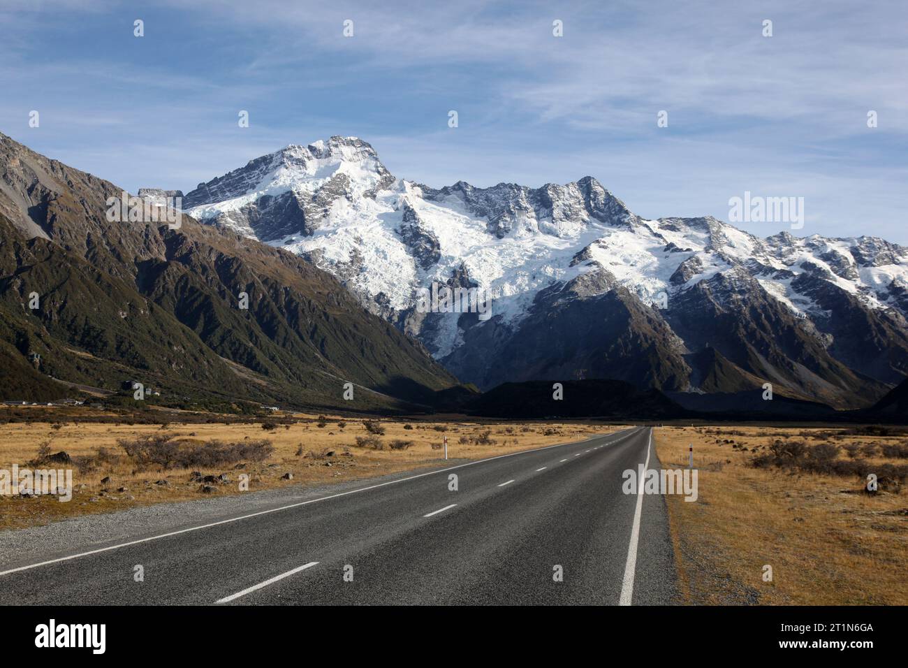 The New Zealand Southern Alps from Mount Cook road. From left to right in the image you can see Mt Sefton, Huddlestone Glacier, Stocking Glacier and t Stock Photo