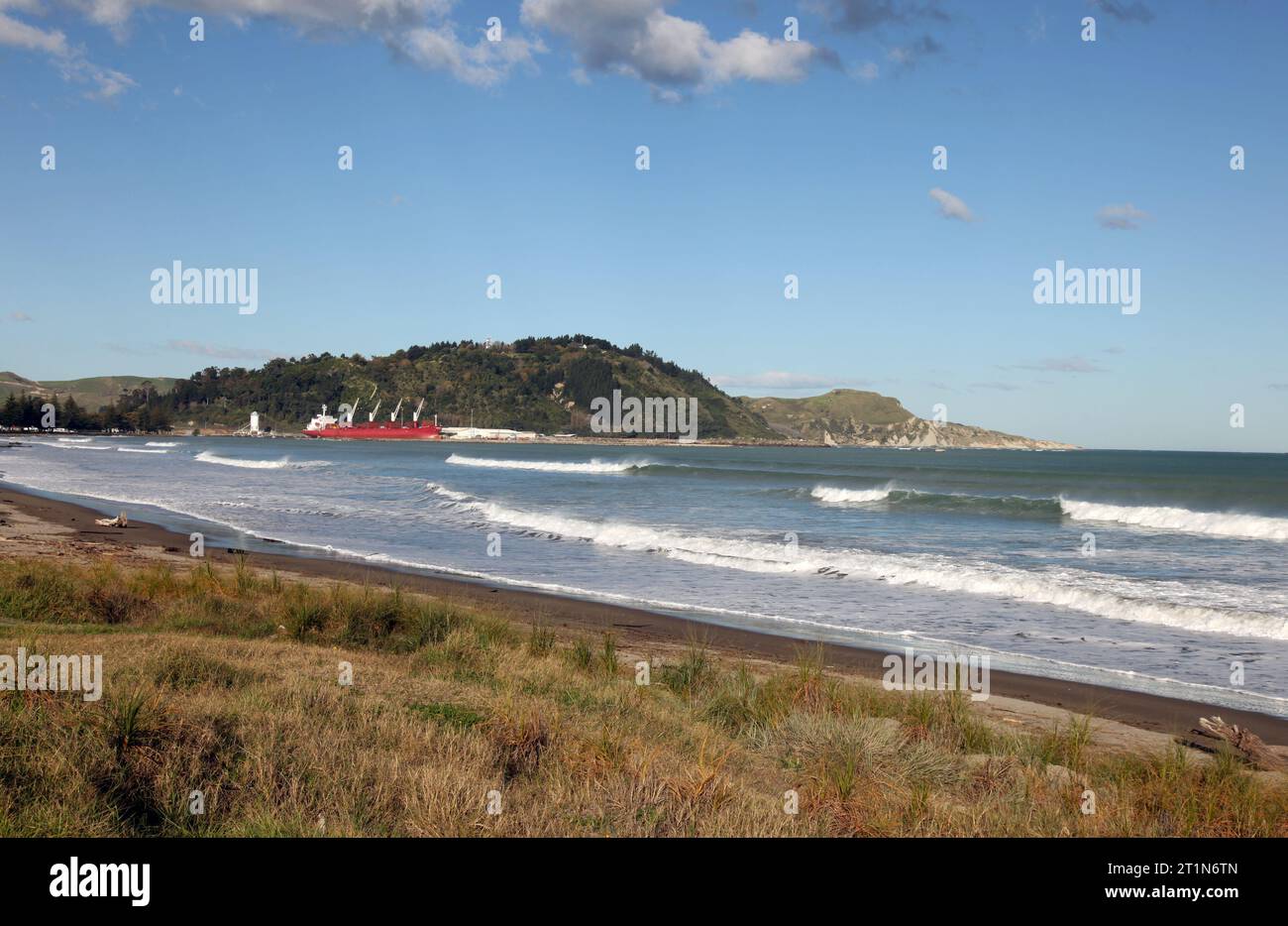Midway beach at Gisborne on the east coast of the North Island in New Zealand. This town is a major center on the east coast of the North Island. Stock Photo