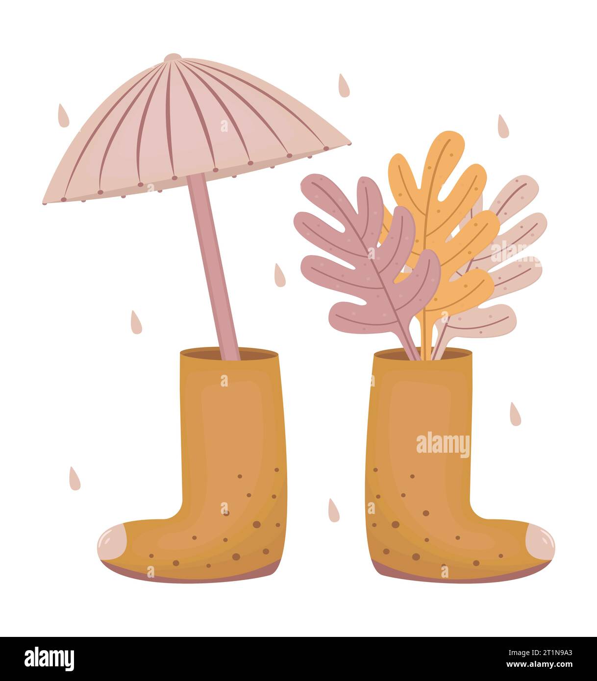 Autumn illustration of boots with fall colorful leaves and umbrella, color atmospheric vector in boho style Stock Vector