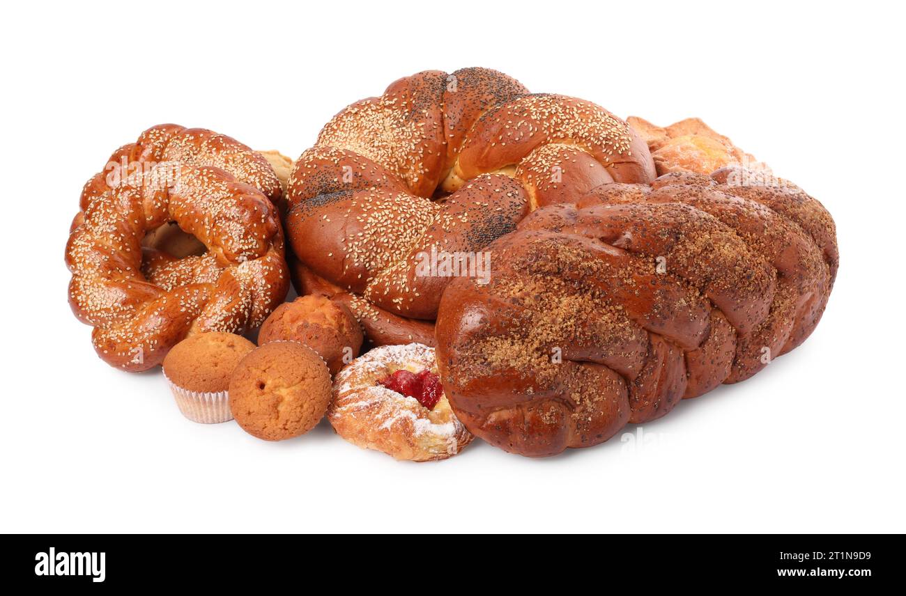 Different tasty freshly baked pastries isolated on white Stock Photo ...