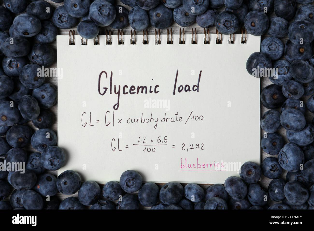 Notebook with calculated glycemic load for blueberries surrounded by fresh berries on table, top view Stock Photo