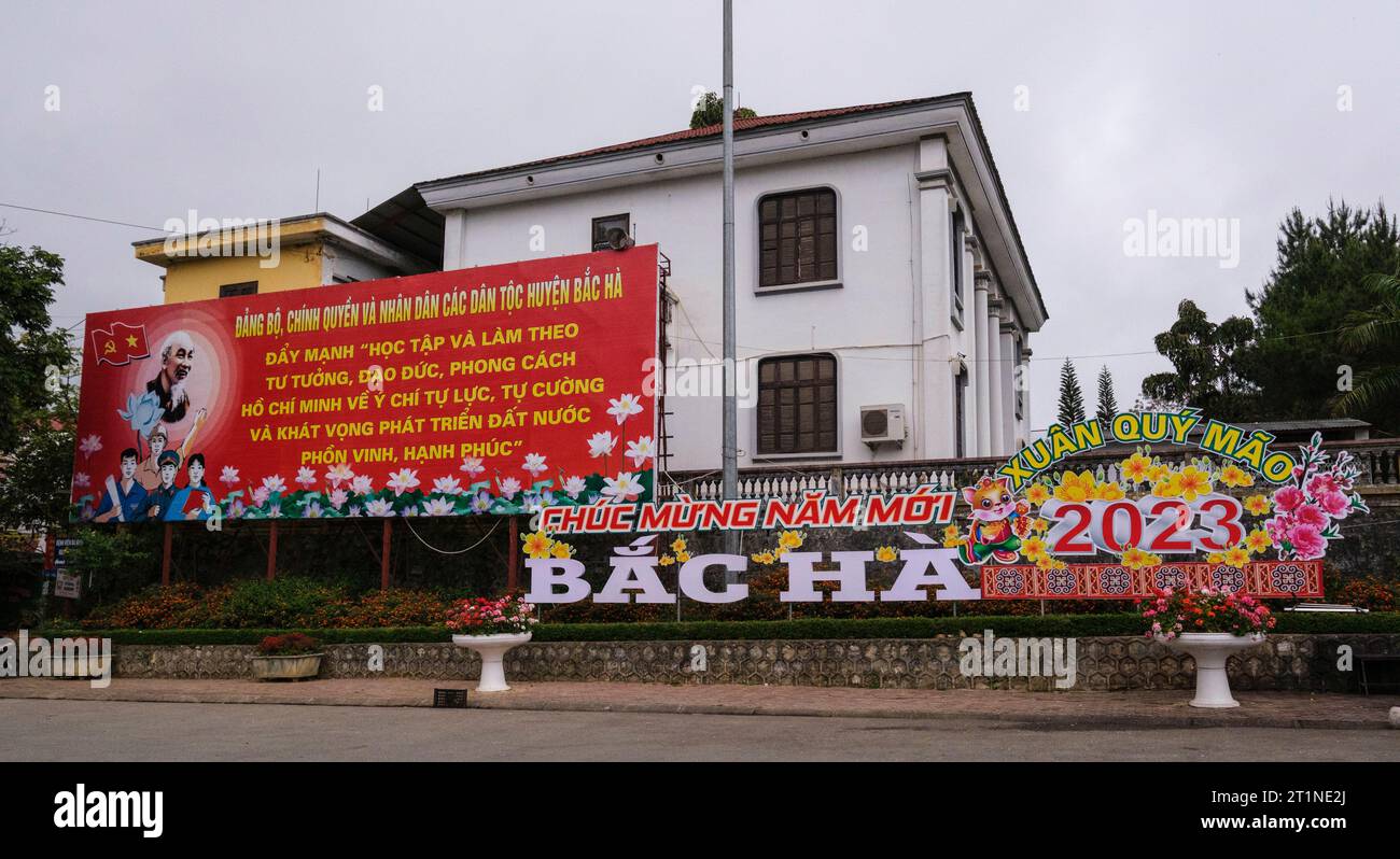 Bac Ha, Vietnam. Political Poster Urging Citizens to Study and Follow Ho Chi Minh's Guidance to Develop a Happy and Prosperous Country. Stock Photo