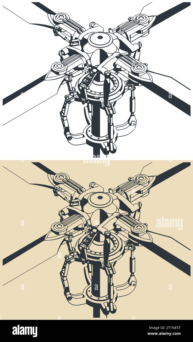 Stylized vector illustrations of mechanism of helicopter main rotor Stock Vector