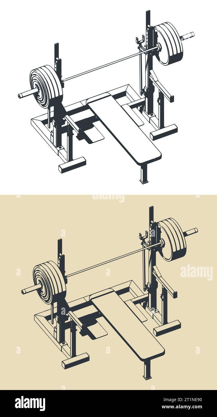 Stylized vector illustrations of press weight adjustable squat rack bench Stock Vector