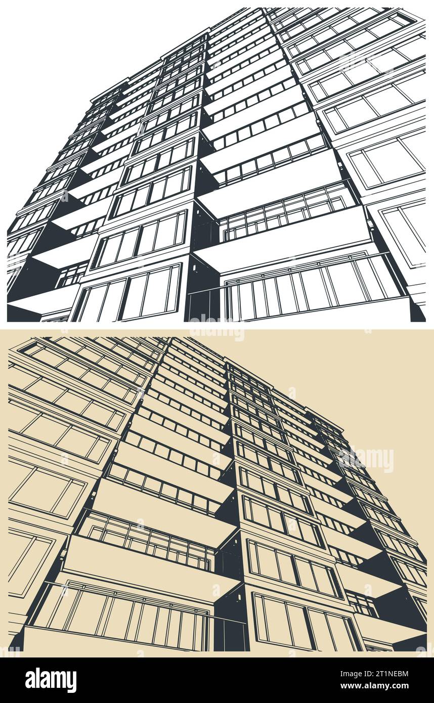 Stylized vector illustrations of facade of an apartment building close up Stock Vector