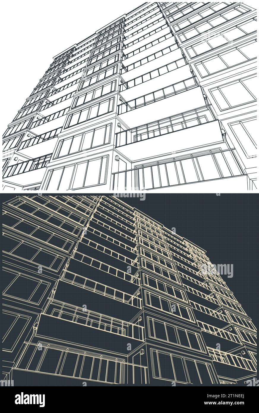 Stylized vector illustrations of blueprints of facade of apartment house Stock Vector