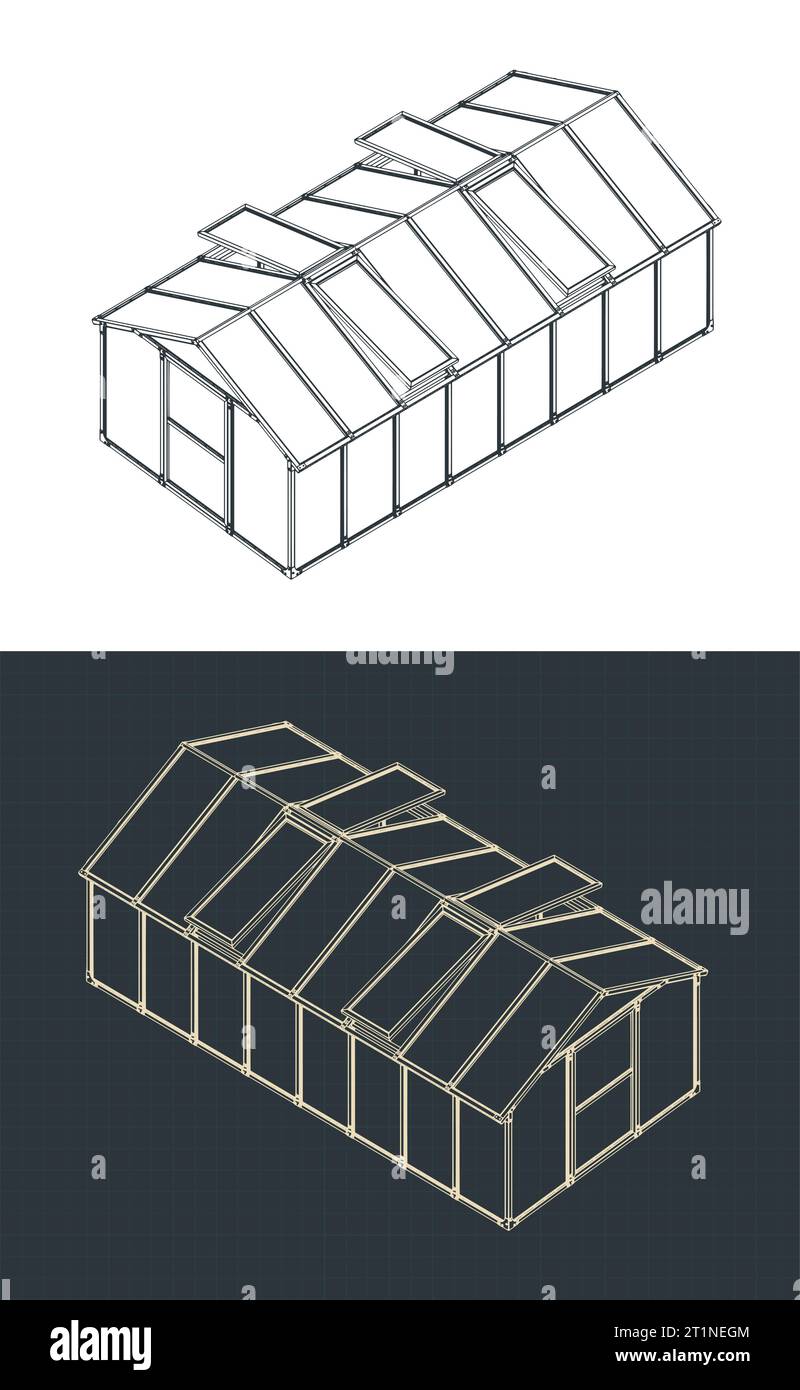 Stylized vector illustration of isometric blueprints of a greenhouse Stock Vector
