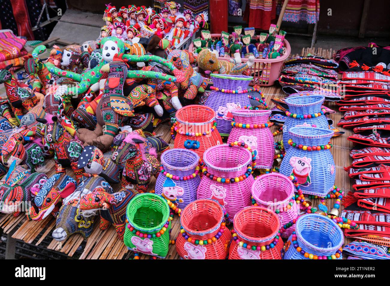 Bac Ha, Vietnam. Stuffed Dolls, Plastic Baskets in the Saturday Market. Stock Photo