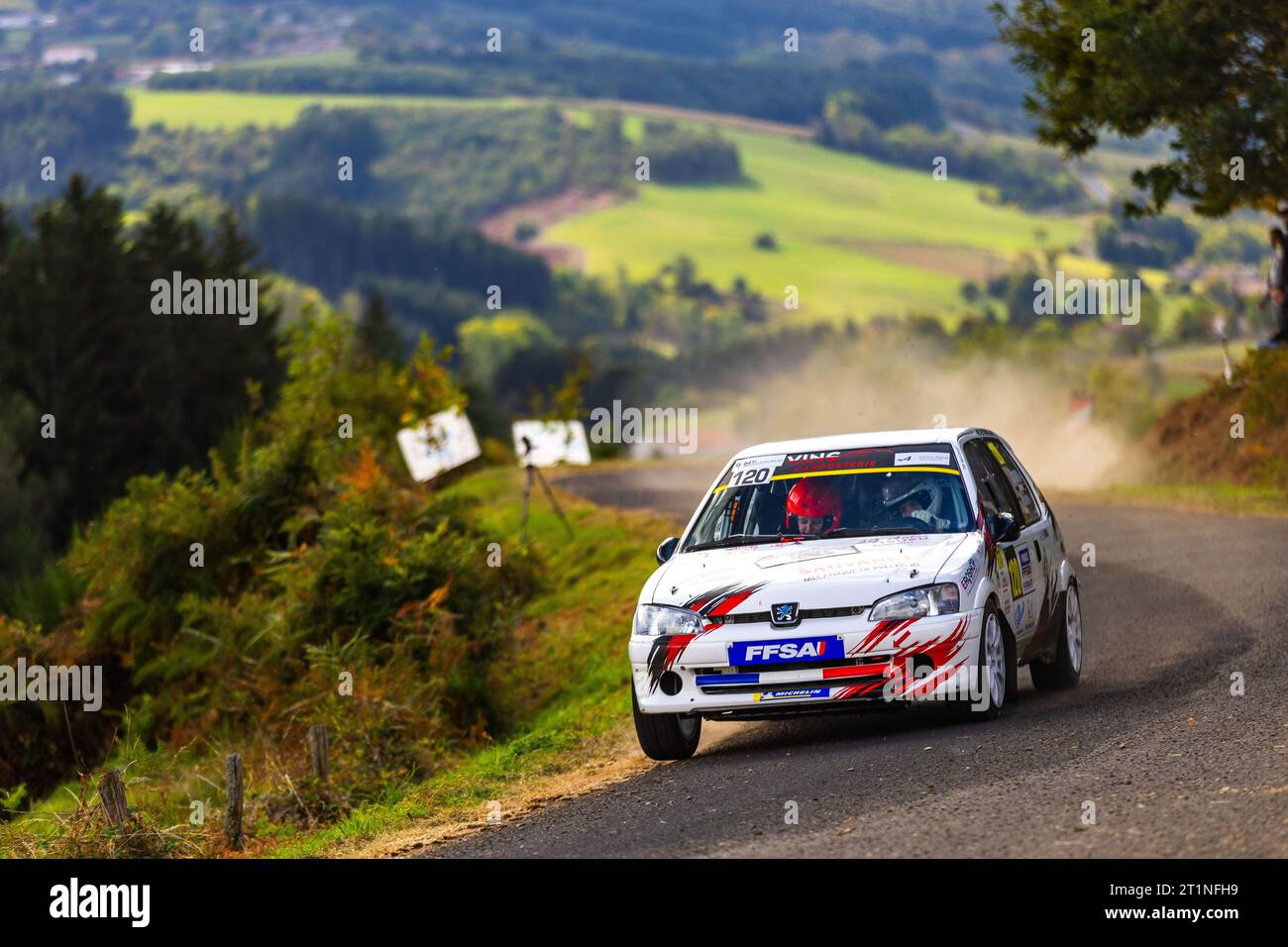 Ambert, France. 14th Oct, 2023. 120 IGONIN Sebastien, PONCHON Marjorie, Peugeot 106 RALLYE F213