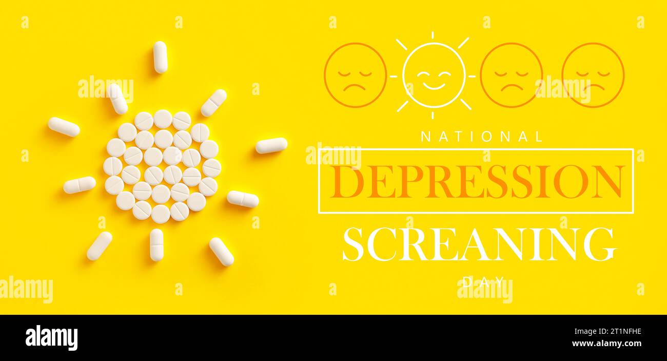 Banner for National Depression screening day with sun made of pills ...