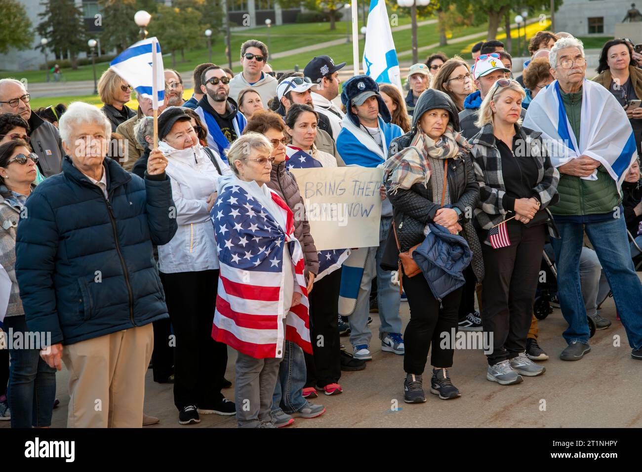 St. Paul, Minnesota. People of all ages gather at the state capitol to show support for Israel and calling for the end of terrorism. Stock Photo