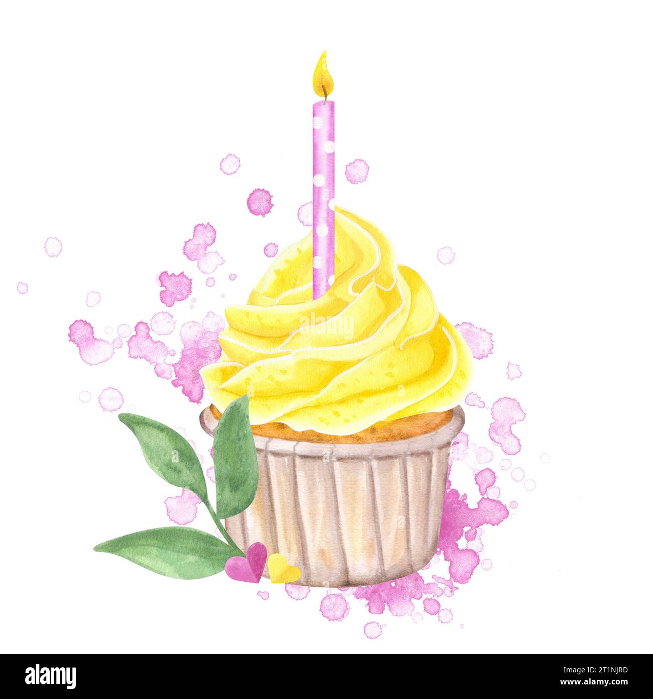 Watercolor cupcake with yellow whipped cream. Decorated pink candle, green leaves. Hand drawn illustration isolated on white background. Happy Stock Photo