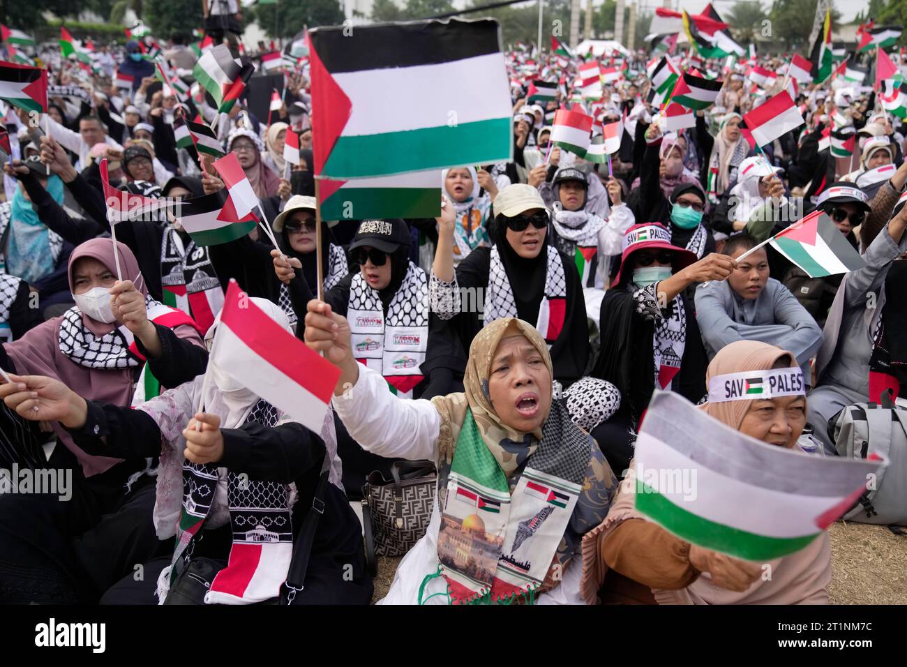 Paleestinian Muslim women wave Palestinian and Indonesian flags during a rally ...