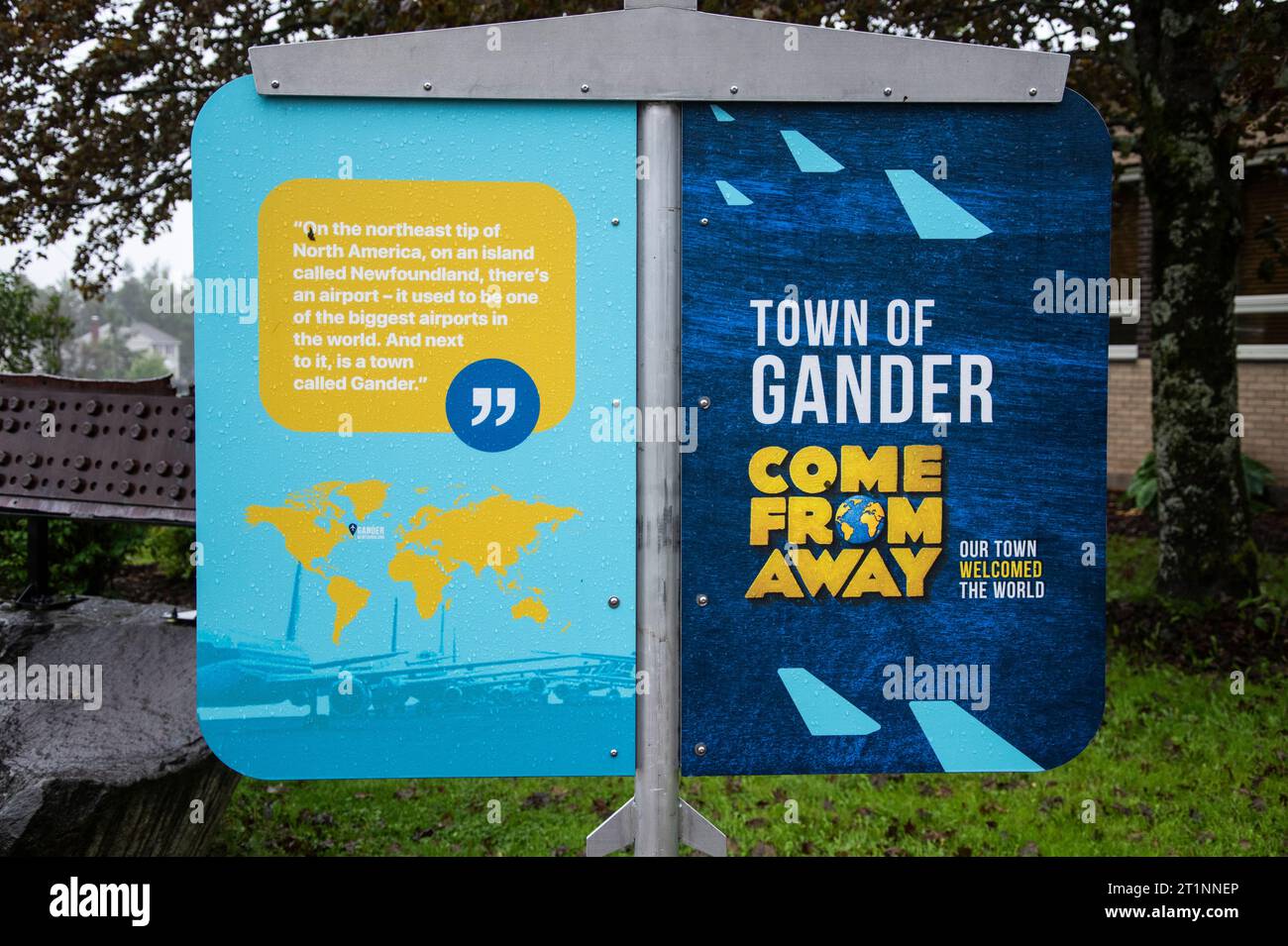 Town of Gander welcoming the world sign at the airport in Gander, Newfoundland & Labrador, Canada Stock Photo