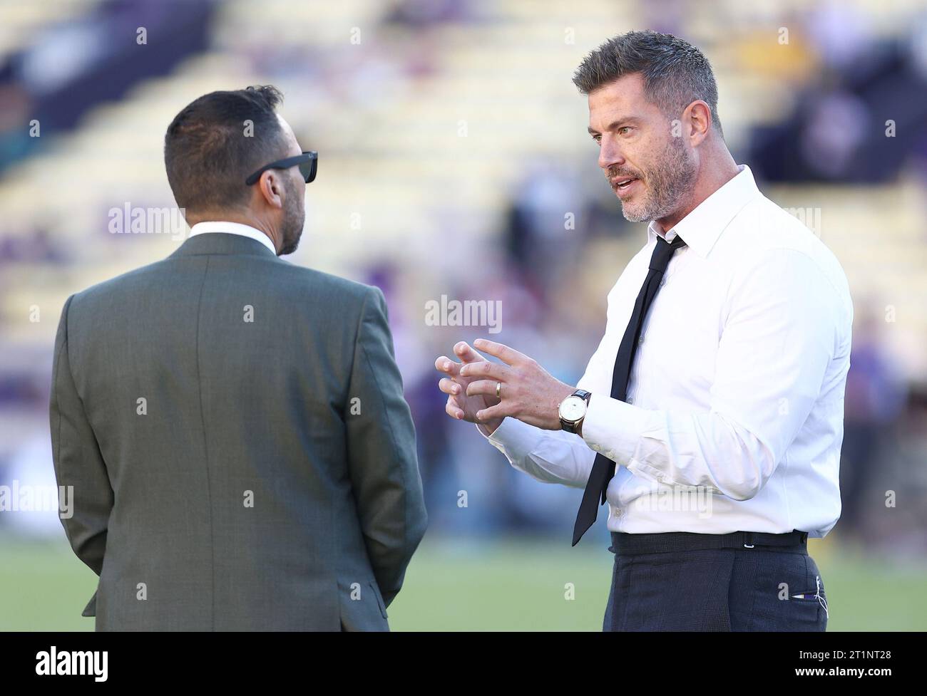 Baton Rouge, USA. 14th Oct, 2023. ESPN game announcers Joe Tessitore and Jesse Palmer chat prior to the start a Southeastern Conference football game at Tiger Stadium in Baton Rouge, Louisiana on Saturday, October 14, 2023. (Photo by Peter G. Forest/Sipa USA) Credit: Sipa USA/Alamy Live News Stock Photo