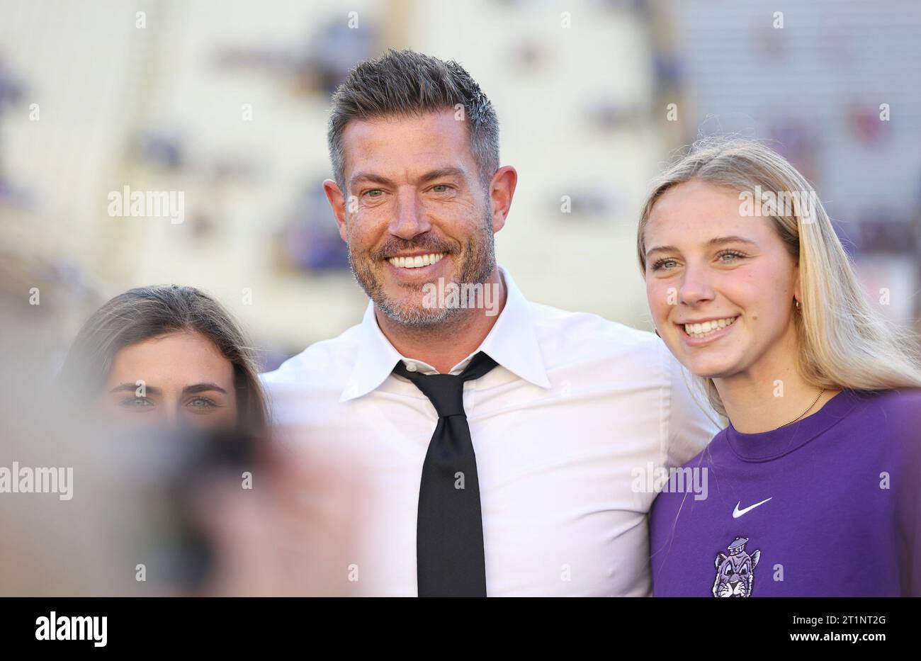 Baton Rouge, USA. 14th Oct, 2023. ESPN game announcer and former college quarterback Jesse Palmer poses with a few LSU Tigers fans prior to the start of a Southeastern Conference football game at Tiger Stadium in Baton Rouge, Louisiana on Saturday, October 14, 2023. (Photo by Peter G. Forest/Sipa USA) Credit: Sipa USA/Alamy Live News Stock Photo