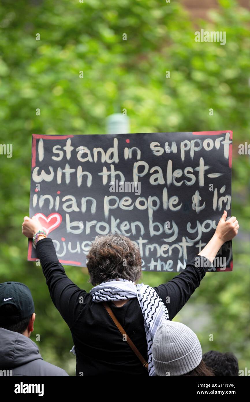 Melbourne, Australia, 15 October, 2023. A pro Palestinian banner is ...