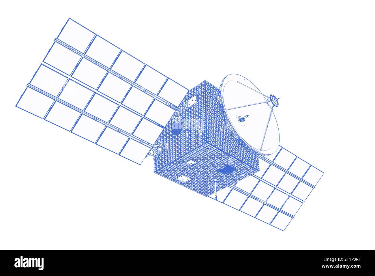 3d rendering blue outline satellite dish with solar panel isolated on ...