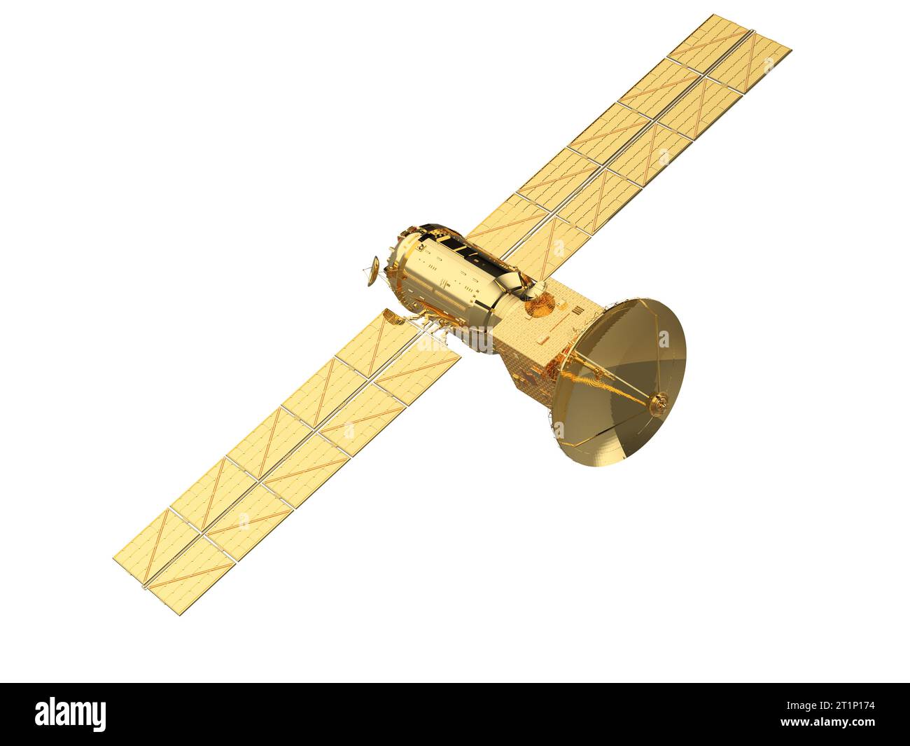 3d rendering golden satellite dish with solar panel isolated on white ...
