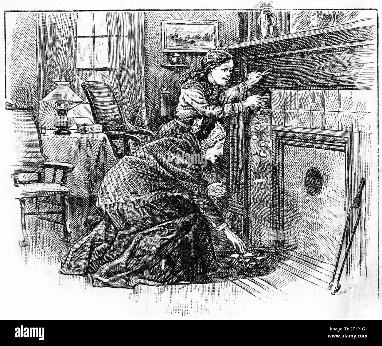 Engraving of an old woman and a girl retrieving coins from a hiding place in the mantlepiece over the fire. Stock Photo