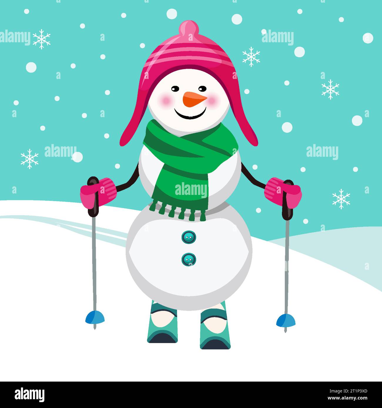 Snowman on skis on winter landscape background. Vector cartoon
