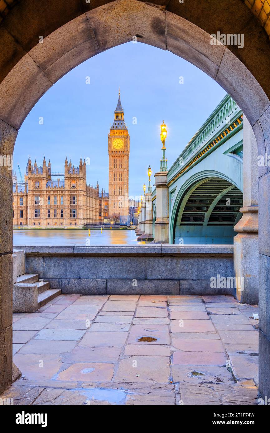 London, England, UK. The Palace of Westminster, Big Ben and Westminster Bridge. Stock Photo