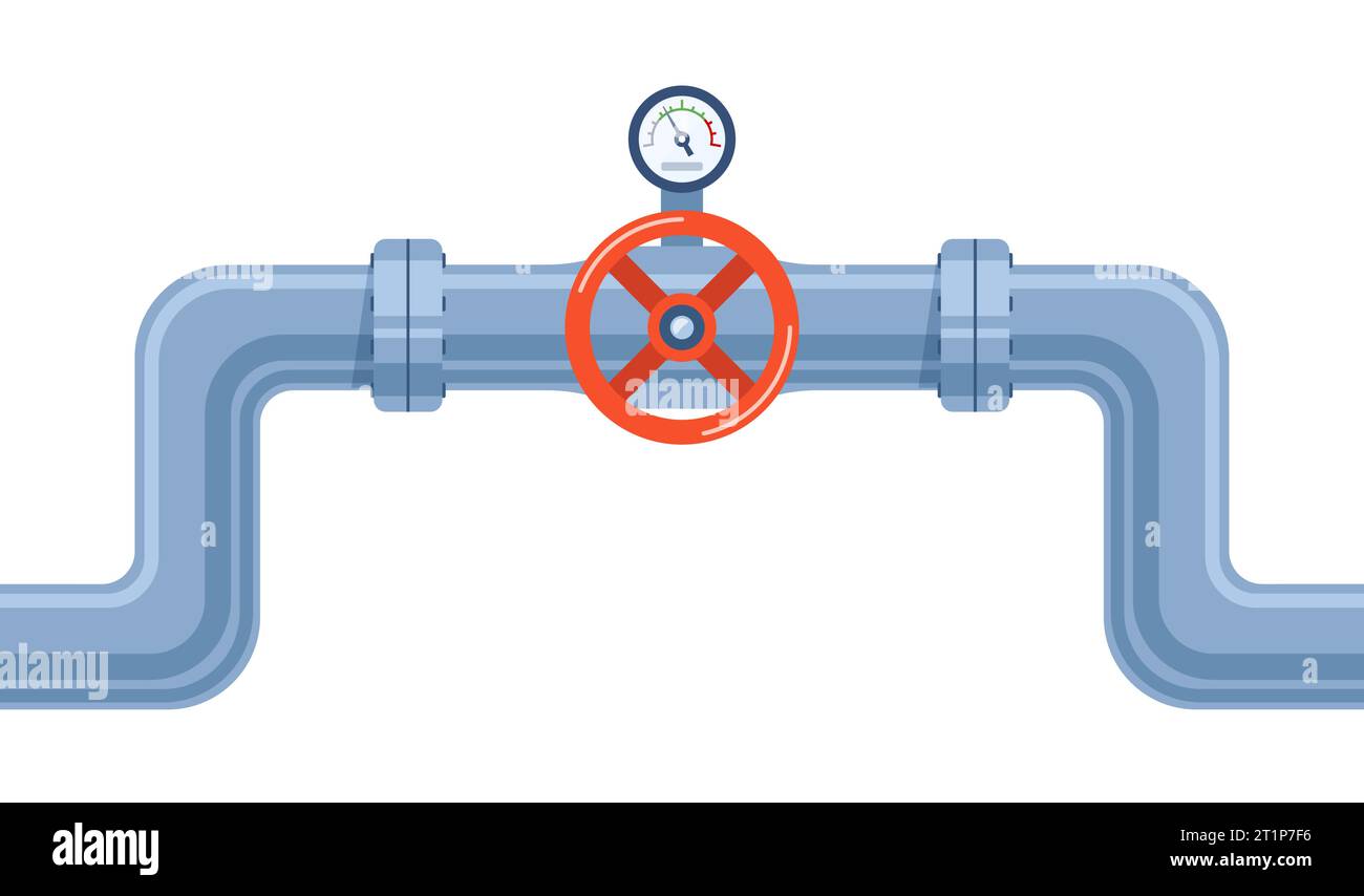 Pipe of water with valve and meter of pressure. Construction of steel