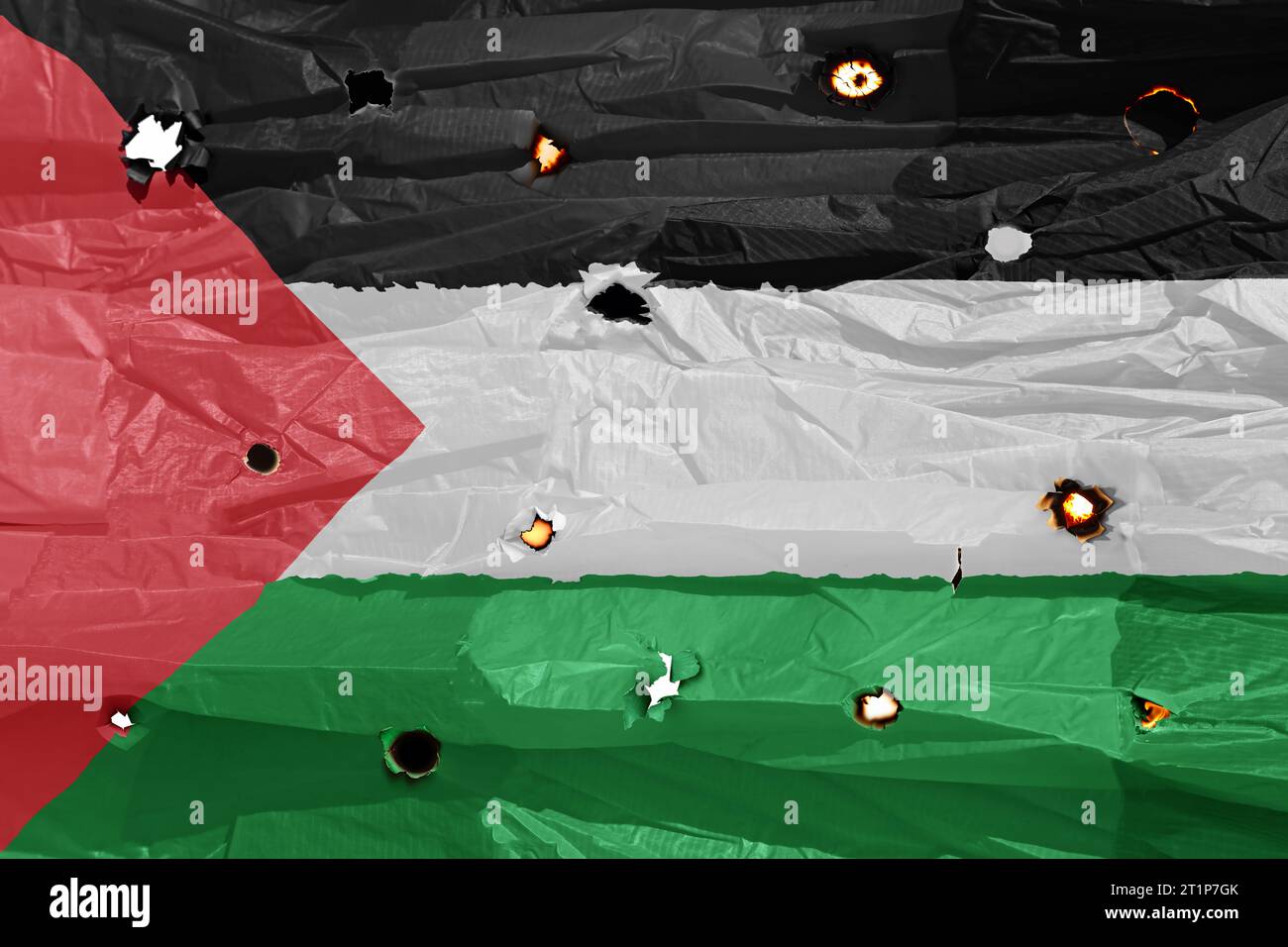 scorched ruined palestine flag with bullet holes from weapons Stock ...