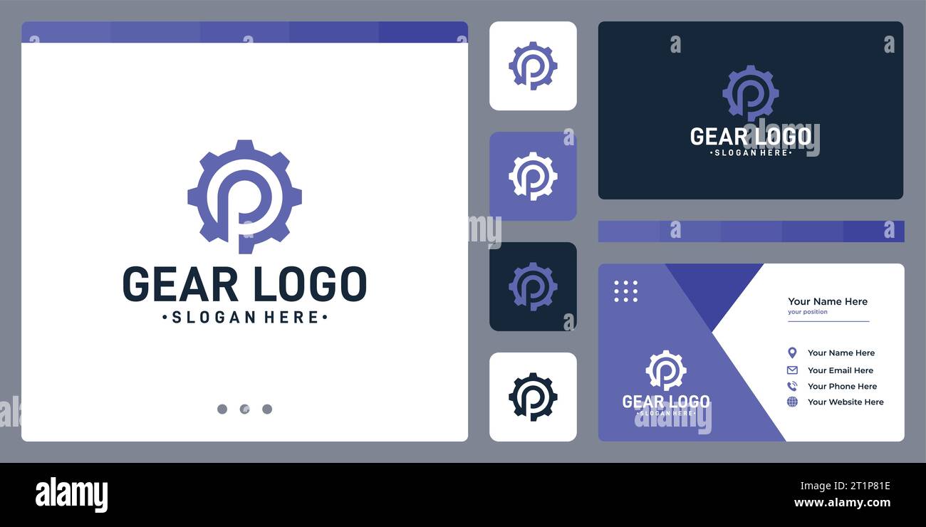 gear logo and initials letter P logo. business card design template. Stock Vector