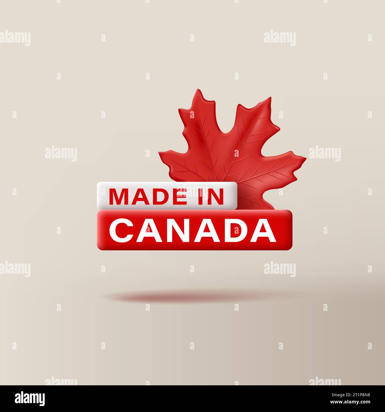 Made in Canada 3d label, with volume maple leaf in canadian flag coulors, red and white, isolated digital badge Stock Vector