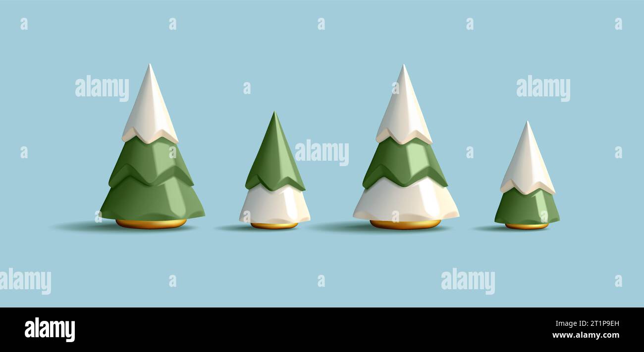 3d illustration of Christmas trees. Holiday elements isolated on. Statuettes with green and white cone shaped trees and golden stand, isolated set Stock Vector