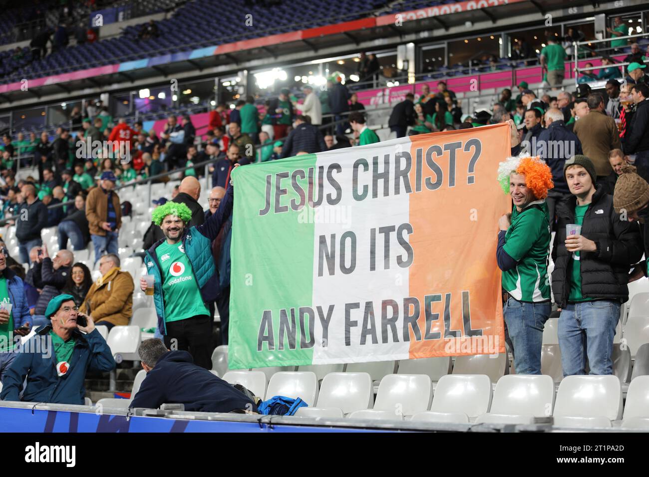 Paris, France. 15th Oct, 2023. Irish fans attend the quarterfinal between Ireland and New