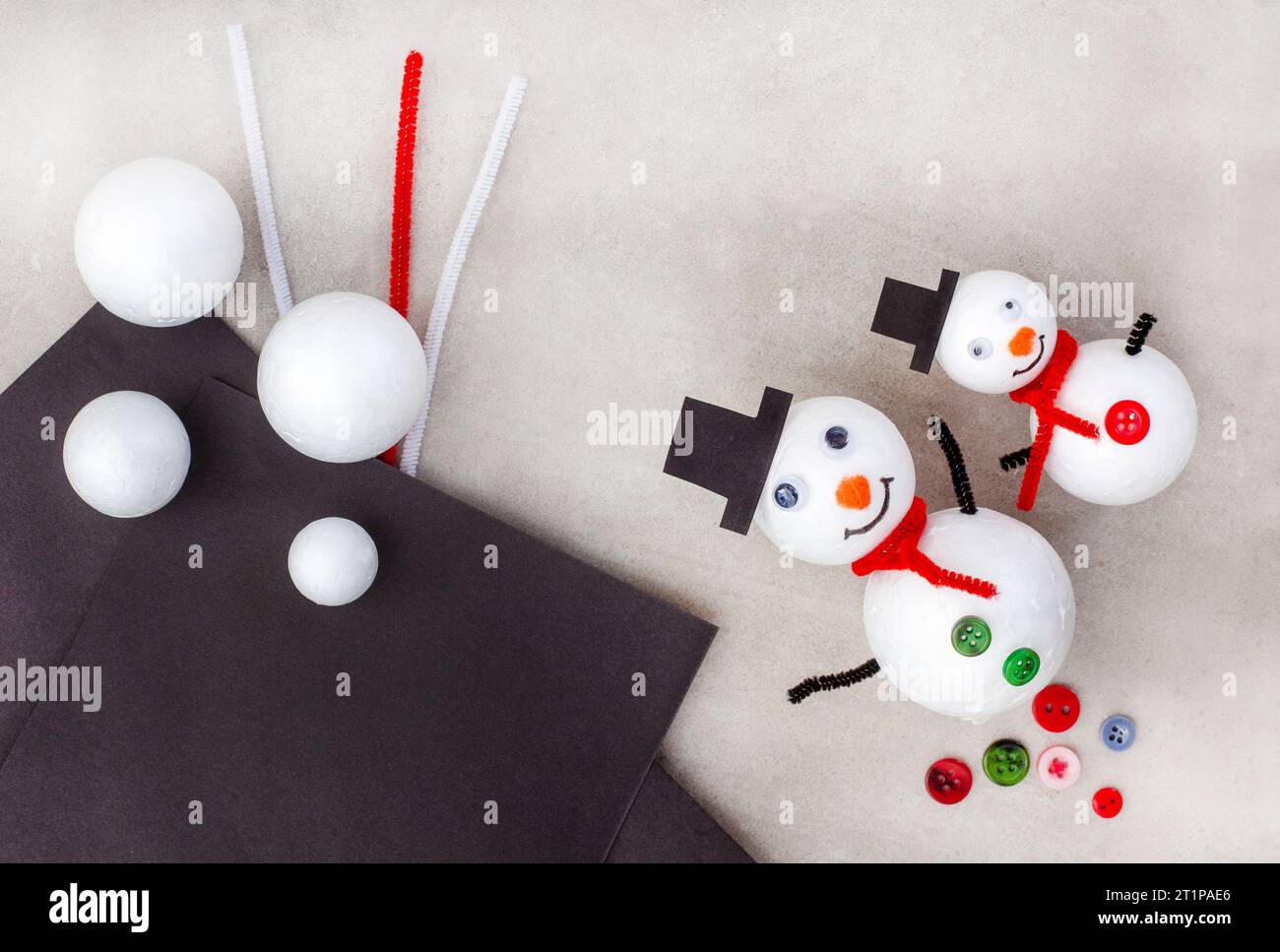 Christmas snowman craft with polystyrene balls Stock Photo