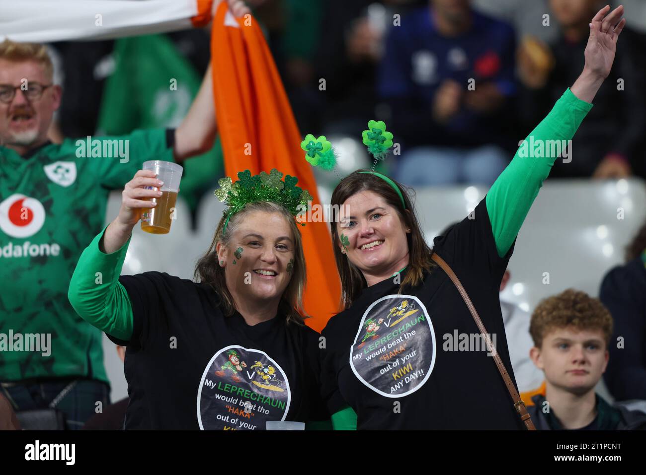 Paris, France. 14th Oct, 2023. Irish fans before the Rugby World Cup 2023 match at Stade de France, Paris. Picture credit should read: Paul Thomas/Sportimage Credit: Sportimage Ltd/Alamy Live News Stock Photo