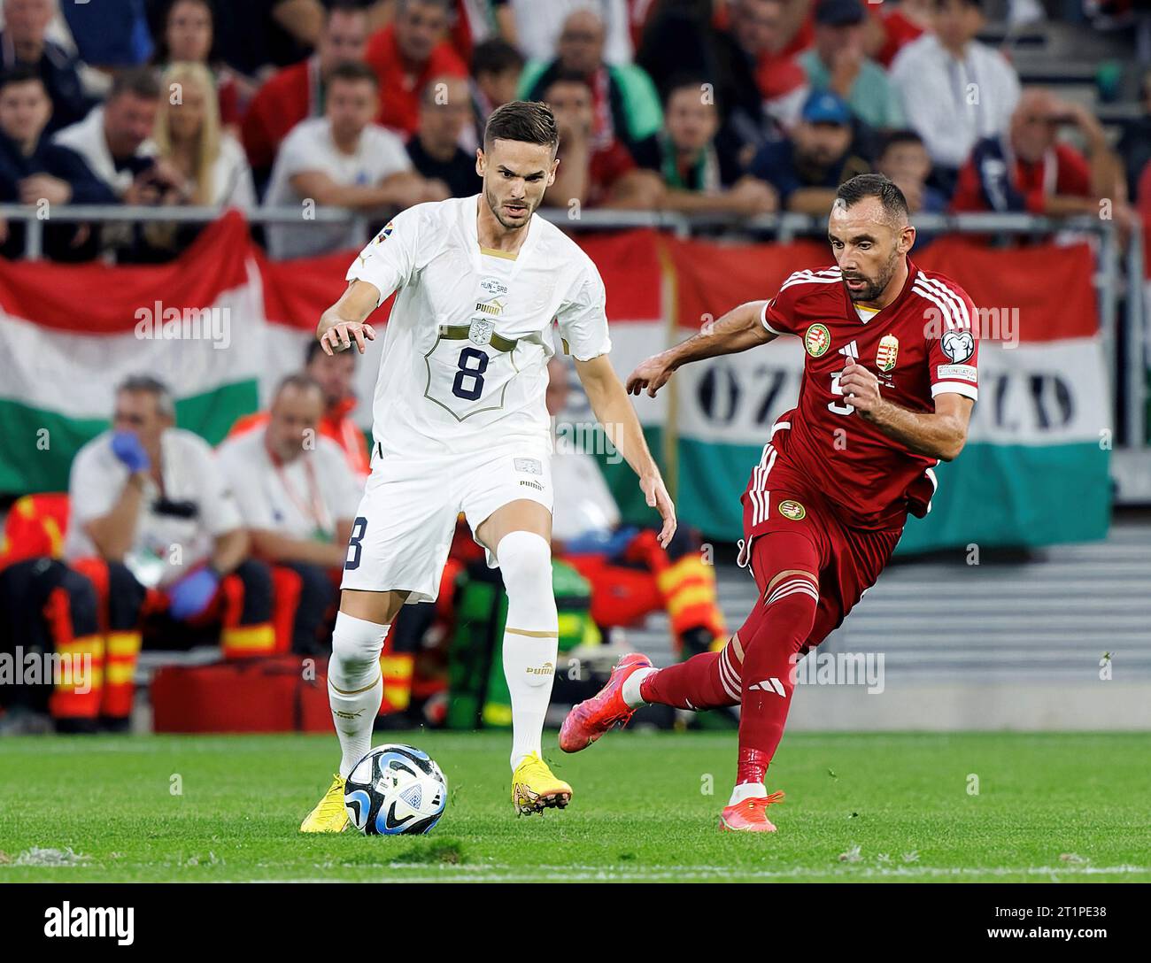 Budapest, Hungary. 14st October, 2023. Attila Fiola of Hungary challenges Mijat Gacinovic of Serbia during the UEFA EURO 2024 European qualifier match between Hungary and Serbia at Puskas Arena on October 14, 2023 in Budapest, Hungary. Credit: Laszlo Szirtesi/Alamy Live News Stock Photo