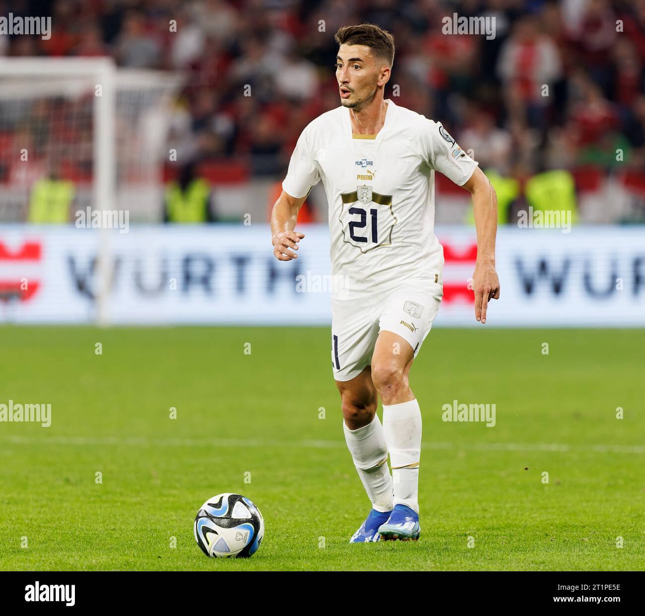 Budapest, Hungary. 14st October, 2023. Filip Djuricic of Serbia controls the ball during the UEFA EURO 2024 European qualifier match between Hungary and Serbia at Puskas Arena on October 14, 2023 in Budapest, Hungary. Credit: Laszlo Szirtesi/Alamy Live News Stock Photo