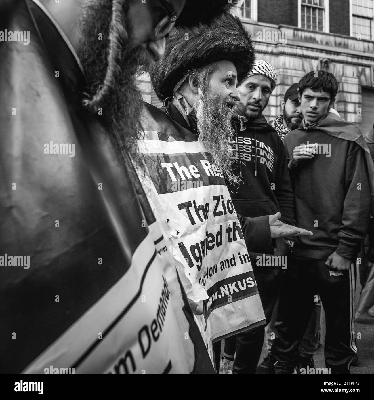 Black and white image of anti-Zionist and Pro Palestine Haredi jews at the march in London. Stock Photo