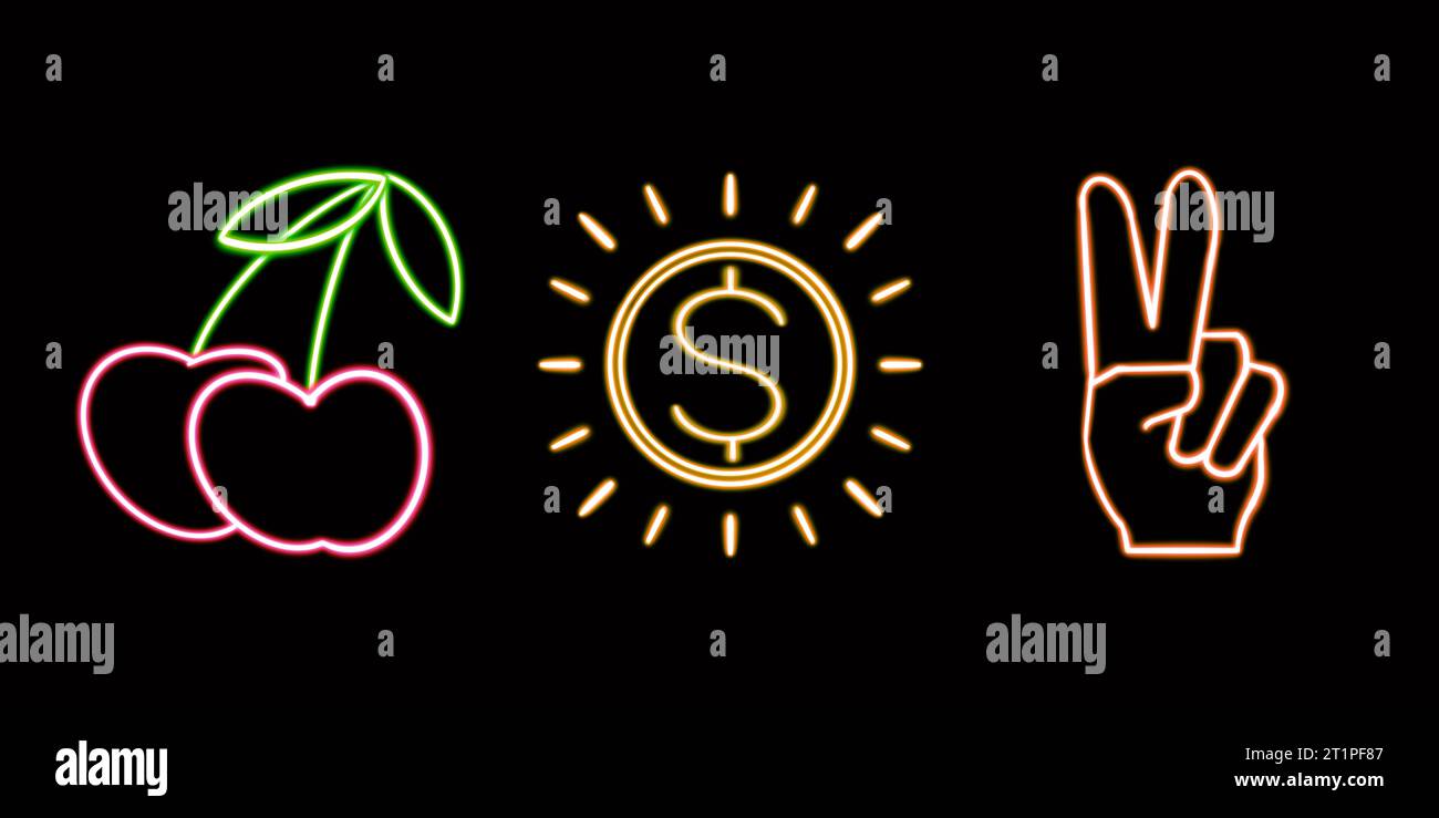 Neon Finance and Casino Set, Coin, Hand, Cherries. glowing desktop icon, neon sticker, neon figure, glowing figure, neon geometrical figures  Stock Photo