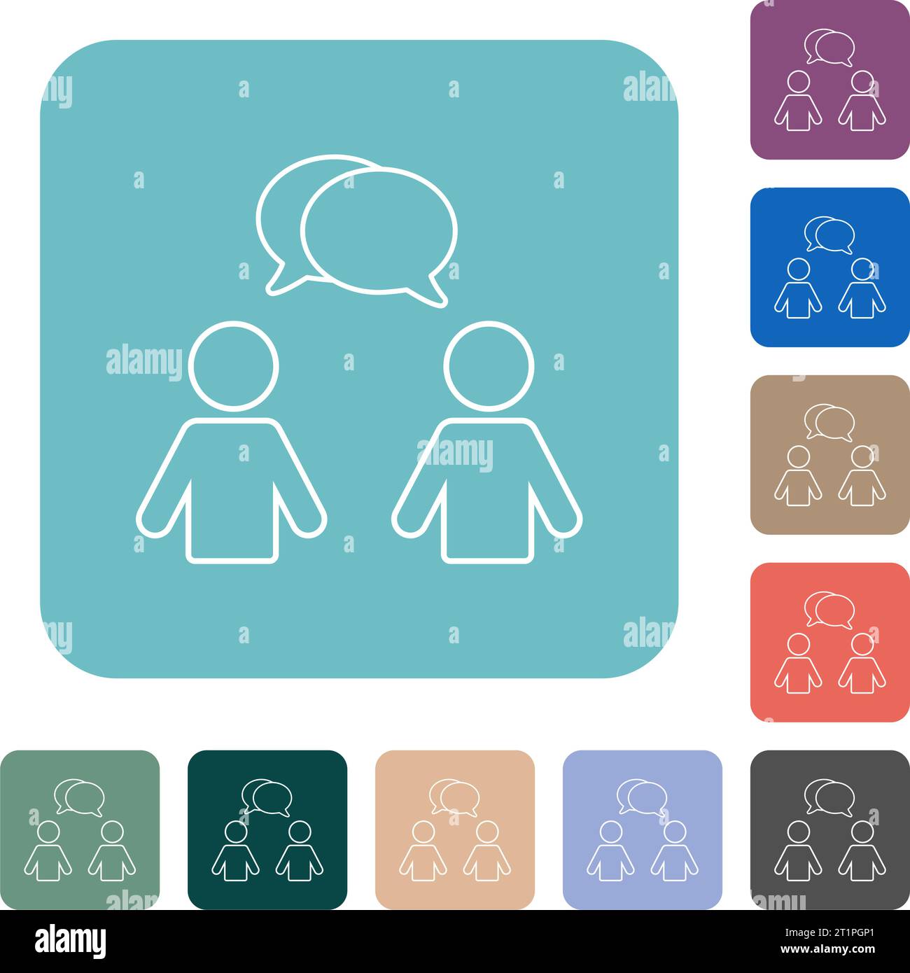 Two talking persons with oval bubbles outline white flat icons on color ...