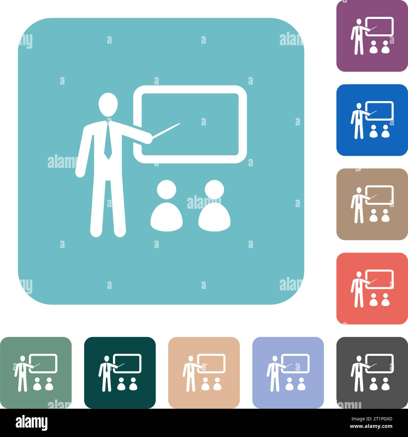 Training with students white flat icons on color rounded square ...