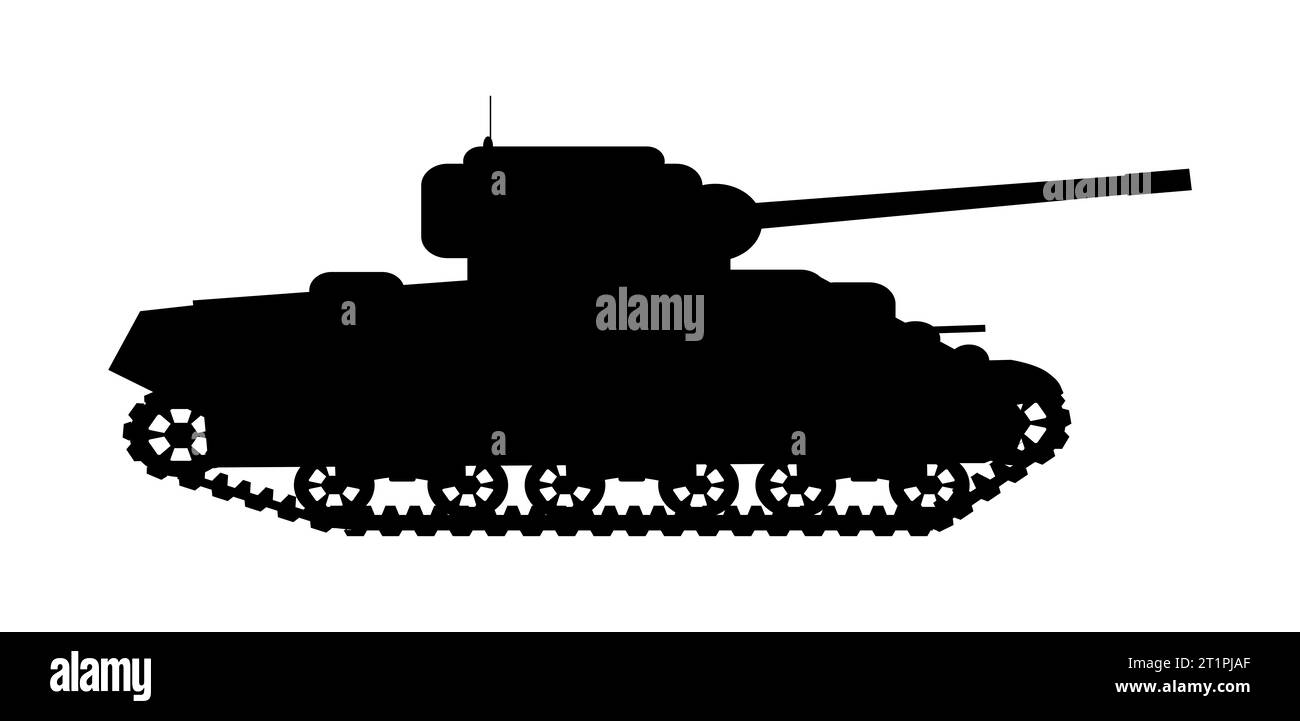 A black silhouette of typical battle tank isolated over a white ...