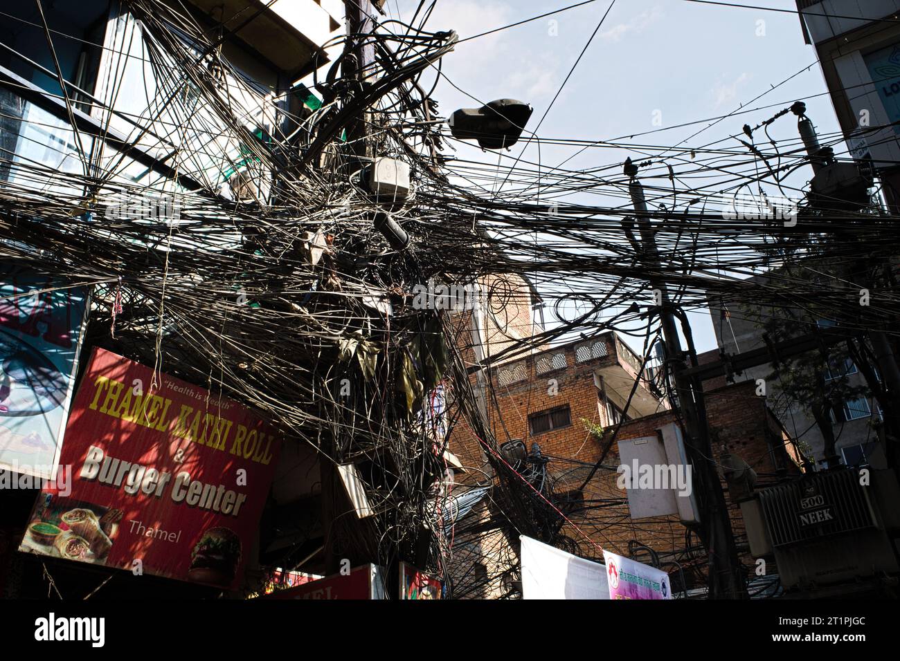 Tangled wired somewhere in Kathmandu, Nepal, Asia Stock Photo