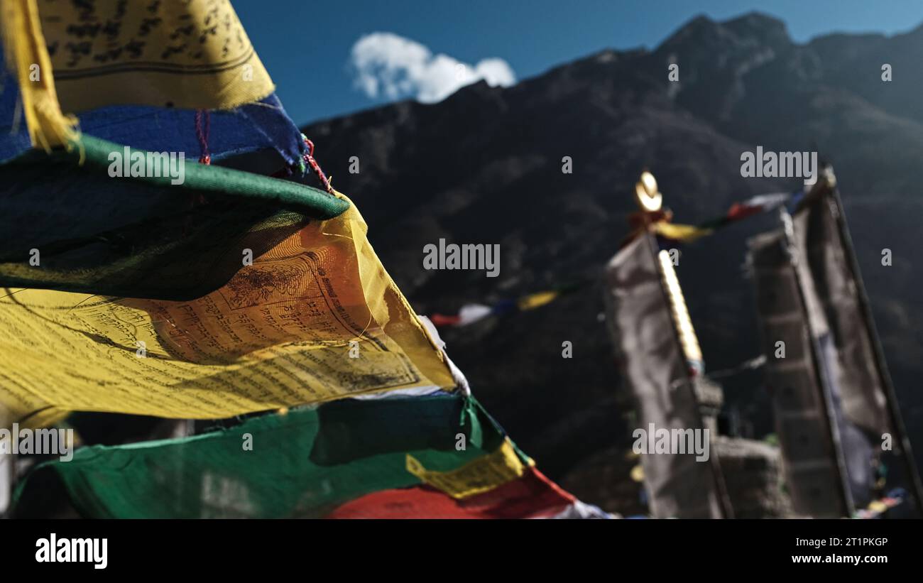 Mantra flags, Langtang Village, Langtang Valley, Nepal, Asia Stock Photo