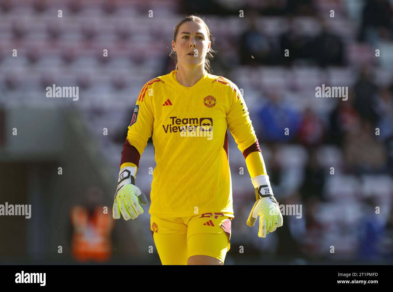 Manchester United goalkeeper Mary Earps during the Barclays Women's Super League match at the Leigh Sports Village, Leigh. Picture date: Sunday October 15, 2023. Stock Photo